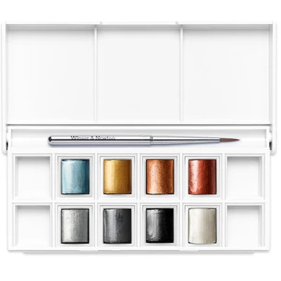 Winsor&amp;Newton Cotman Pocket Set akvarellfesték készlet, 8x1/2 szilke + ecset - Metallic