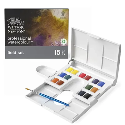 Winsor&amp;Newton Professional akvarellfesték készlet, szilkés - 14x1/2 + ecset, Field set