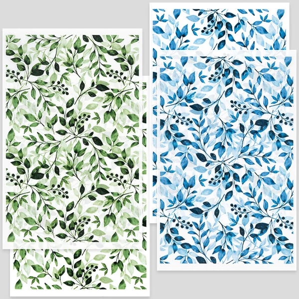Transzfer papír süthető gyurmához, 9x14 cm, 2x2 db - levélindák - zöld, kék