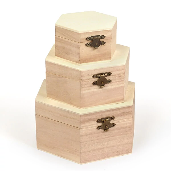 Fa dobozkészlet - 3 db-os, hatszög, 16x16x8/13x13x6/9x9x5 cm