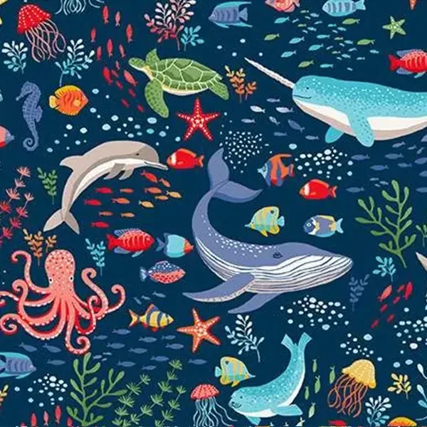 Patchwork anyag - Makower - Deep Blue Sea 137/B8 Creatures dark blue