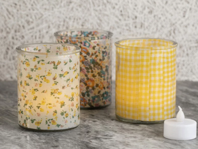 Tavaszi vidám mécsestartók patchwork anyagokkal