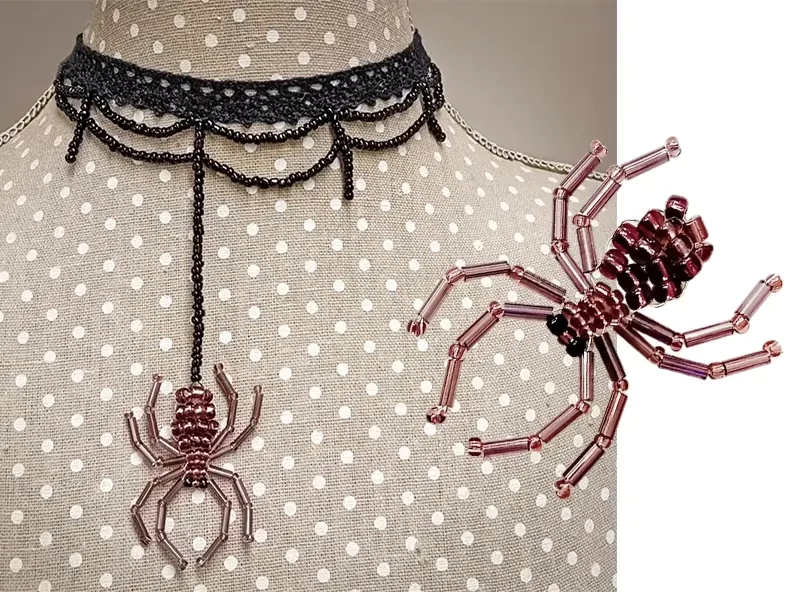 Gyöngyből készült pókos csipkés nyaklánc Halloween-re