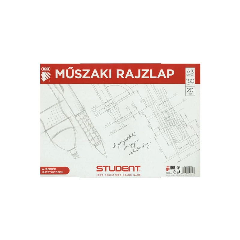 ICO Student rajzpapír, műszaki rajzlap csomag (dipa), 180 g - A3, 20 db