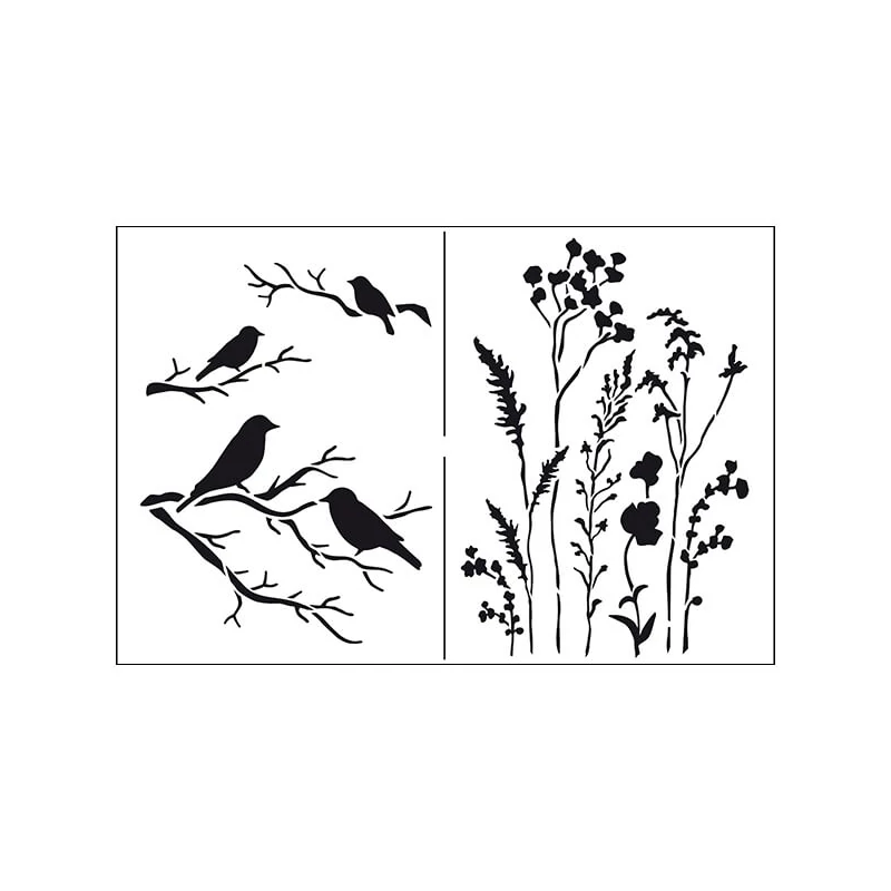 Stencil, 21x29,7 cm - Növények-madarak