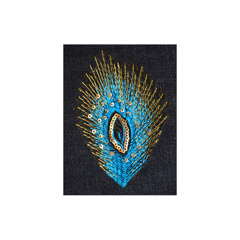 HotFix felvasalható minta, flitter - pávatoll, kék, 11x7 cm