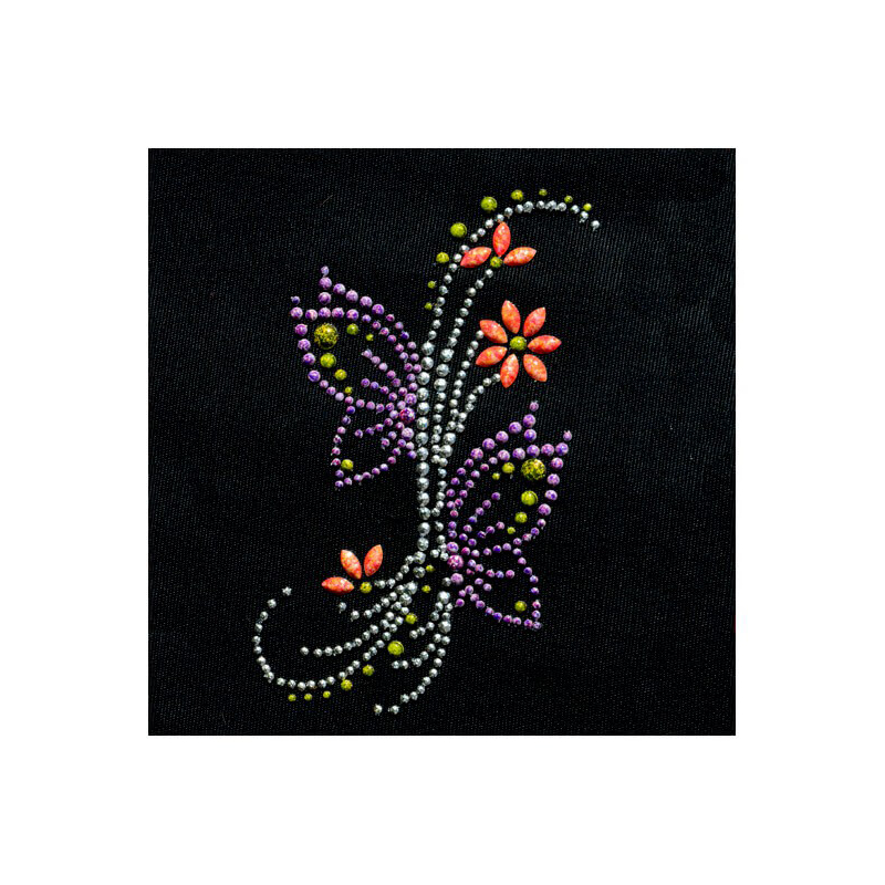HotFix felvasalható minta, strassz - Tarka pillangós virág, 7,5x12,5 cm