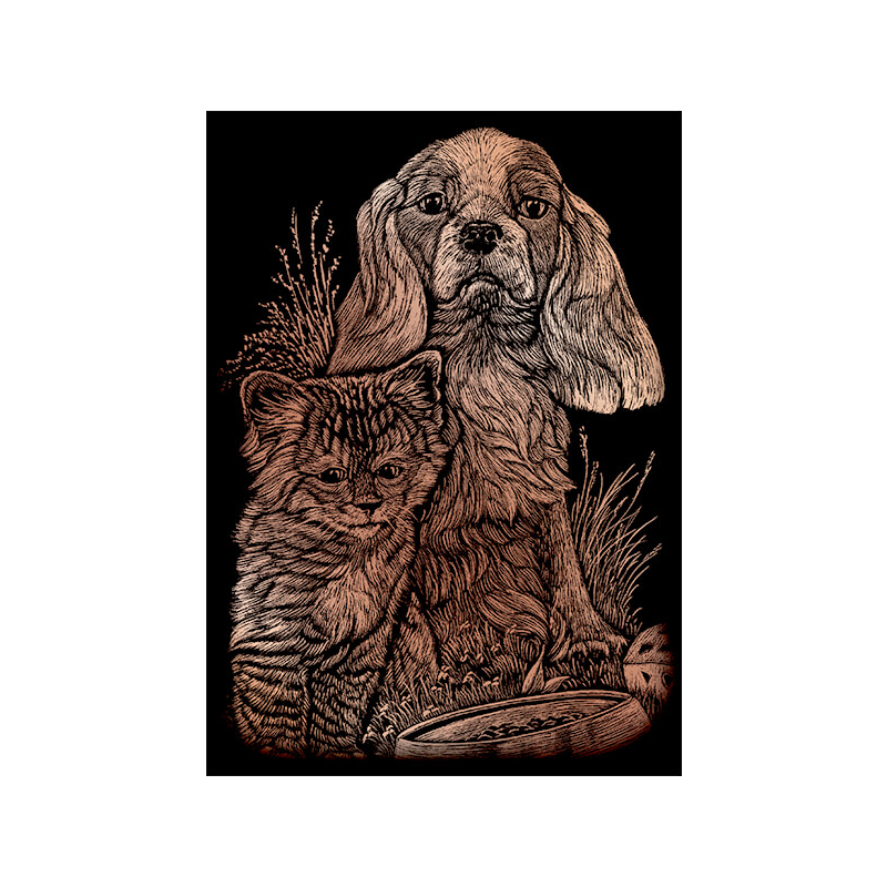 Karckép gravírozó készlet karctűvel, 12x18 cm - Cica, kutya, réz