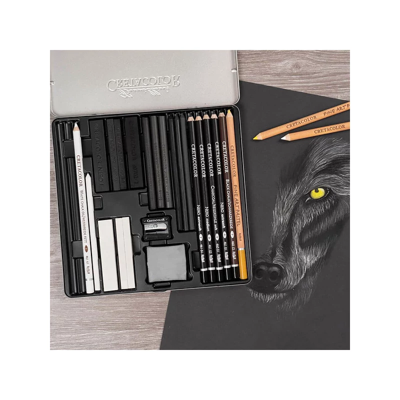 Cretacolor Wolf Box fekete-fehér rajzkészlet, 25 db-os, fémdobozos