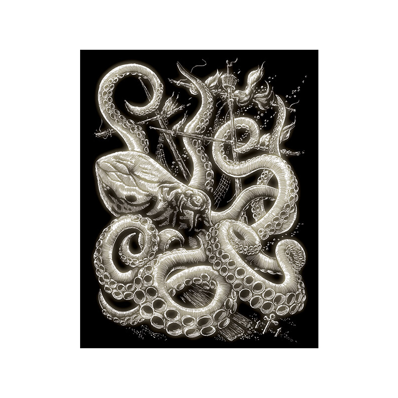 Karckép gravírozó készlet karctűvel, 20x25 cm - Octopus, sötétben világító