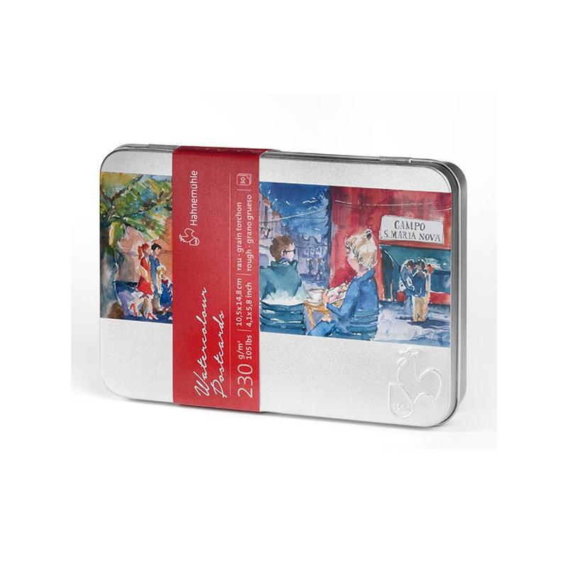 Hahnem??hle Watercolor Postcards - 30 Fine Texture Cards 230gsm In Metal Case 10.5x14.8cm