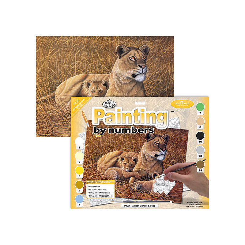Számozott kifestő készlet, akrilfesték+ecset, 29x39 cm - Afrikai oroszlán