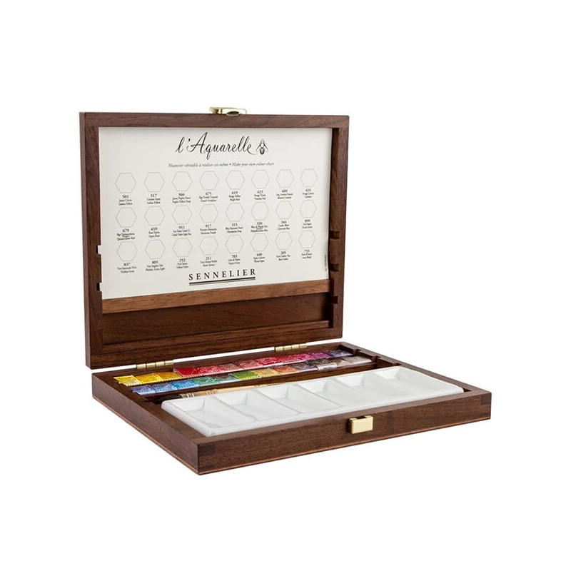 Sennelier akvarellfesték készlet - 24x1/2 + kiegészítők, fadobozos
