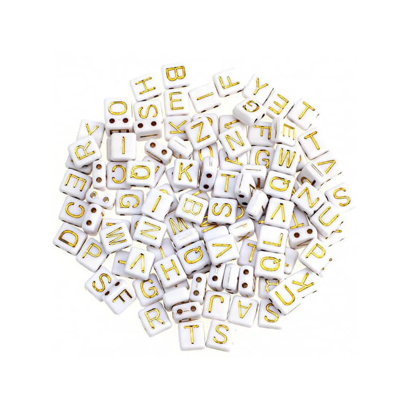 Műanyag betűgyöngy, 7x8 mm - fehér-arany, kétlyukú
