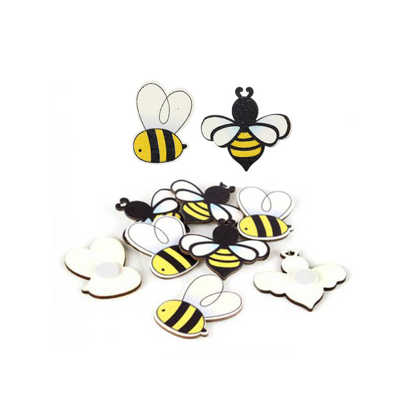Színes fafigurák - méhecskék, öntapadós, 3,7x4,2 cm, 8 db