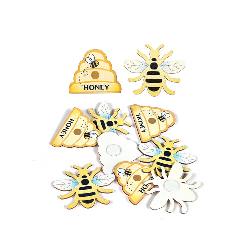 Színes fafigurák - méhecskék és méhkasok, öntapadós, 3,8x3,2 cm, 8 db