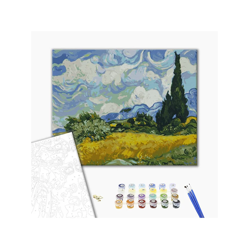 Számozott kifestő készlet, feszített vásznon, 40x50 cm - Van Gogh: Zöld búzamező ciprussal