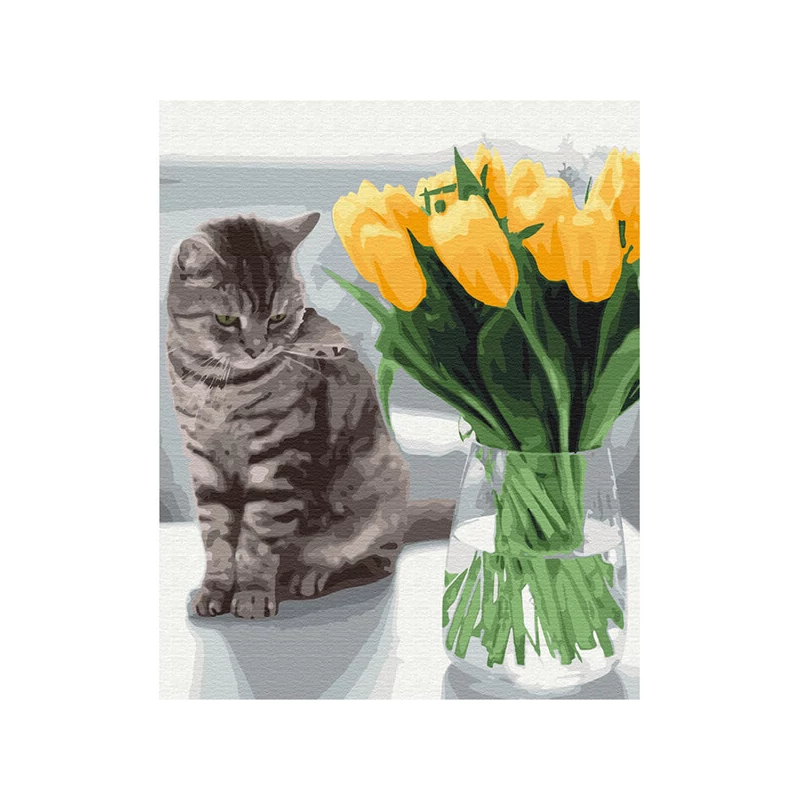 Számozott kifestő készlet, feszített vásznon, 40x50 cm - Cica tulipánokkal