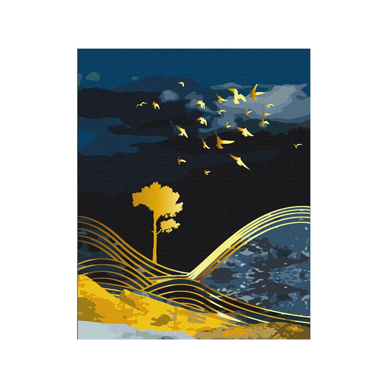 Számozott kifestő készlet, feszített vásznon, 40x50 cm - Éjszakai természet arany festékkel