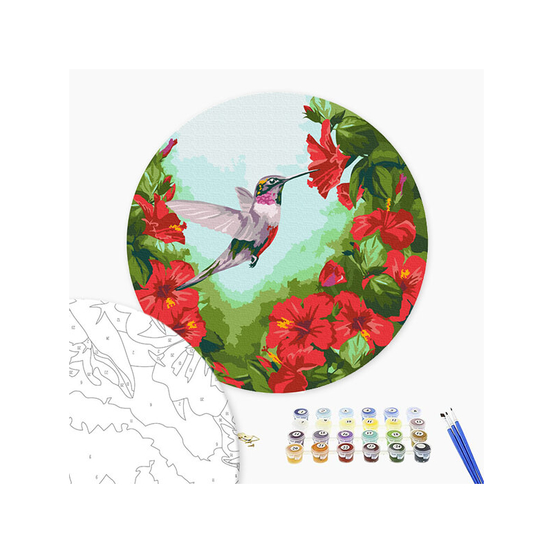 Számozott kifestő készlet, feszített vásznon, 30 cm - Virágos kolibri