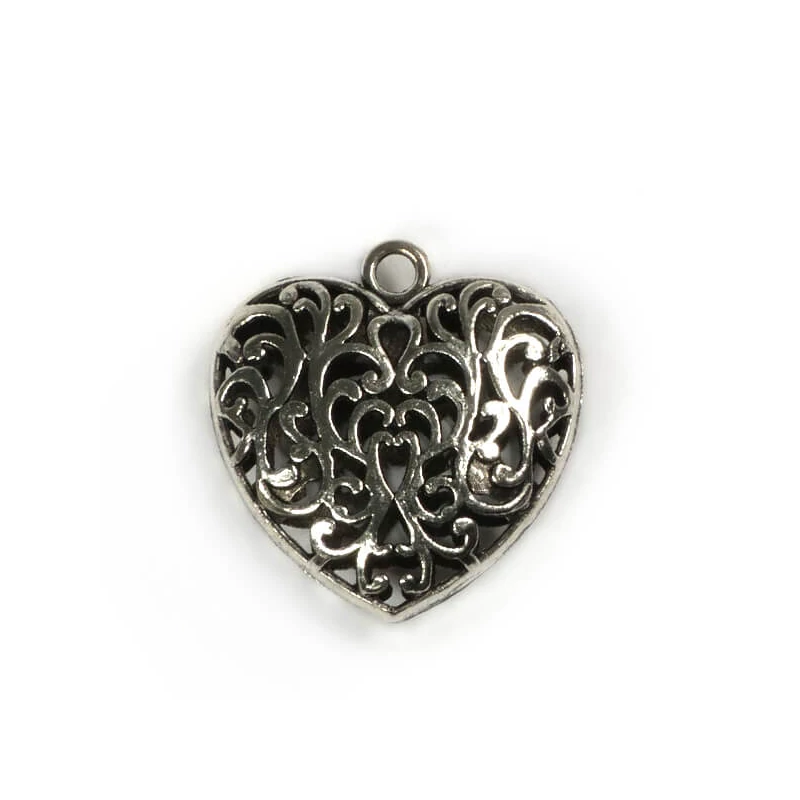 Charm fémdísz, 1 db - szív, 3D, áttört