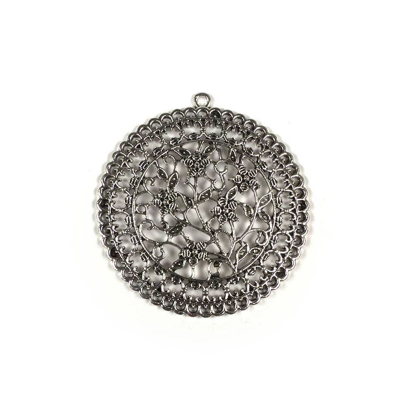 Charm fémdísz, 1 db - kerek, áttört, virágos, díszes