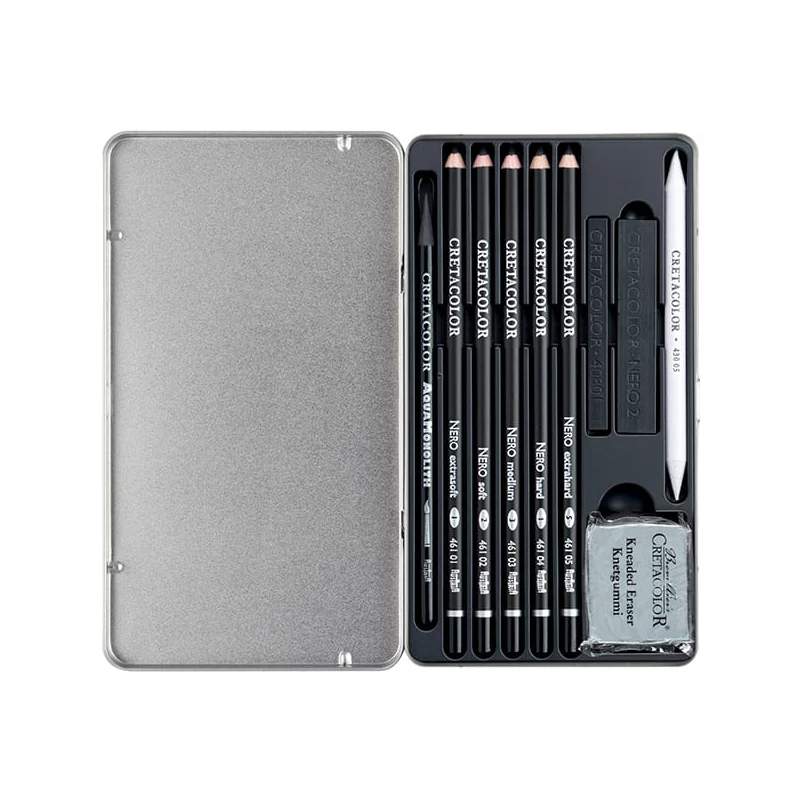 Cretacolor Nero Deep Black Drawing Set rajzkészlet, 10 db-os, fémdobozos
