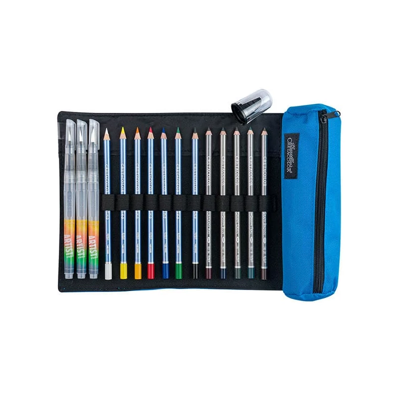 Cretacolor Pencil Wrap Set rajzkészlet feltekerhető vászon tartóban - Aqua, 17 db-os