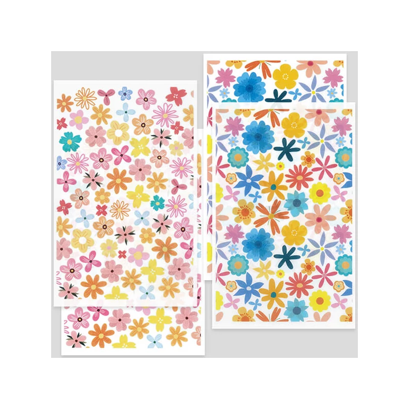 Transzfer papír süthető gyurmához, 9x14 cm, 2x2 db - stilizált színes virágok - kicsi, nagy