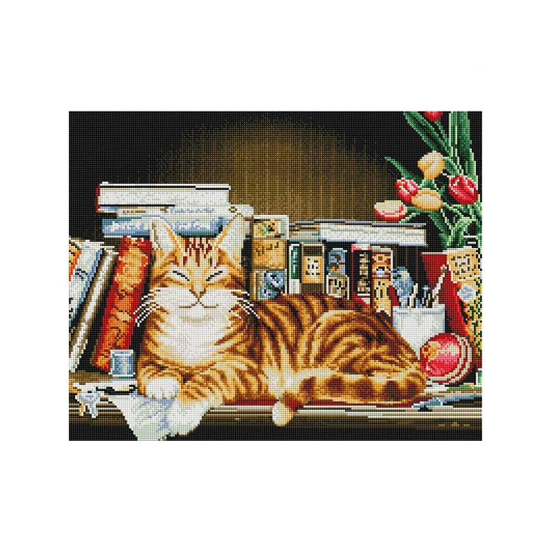 Gyémánt mozaik kirakó, feszített vásznon, 40x50 cm - Macska a könyvespolcon