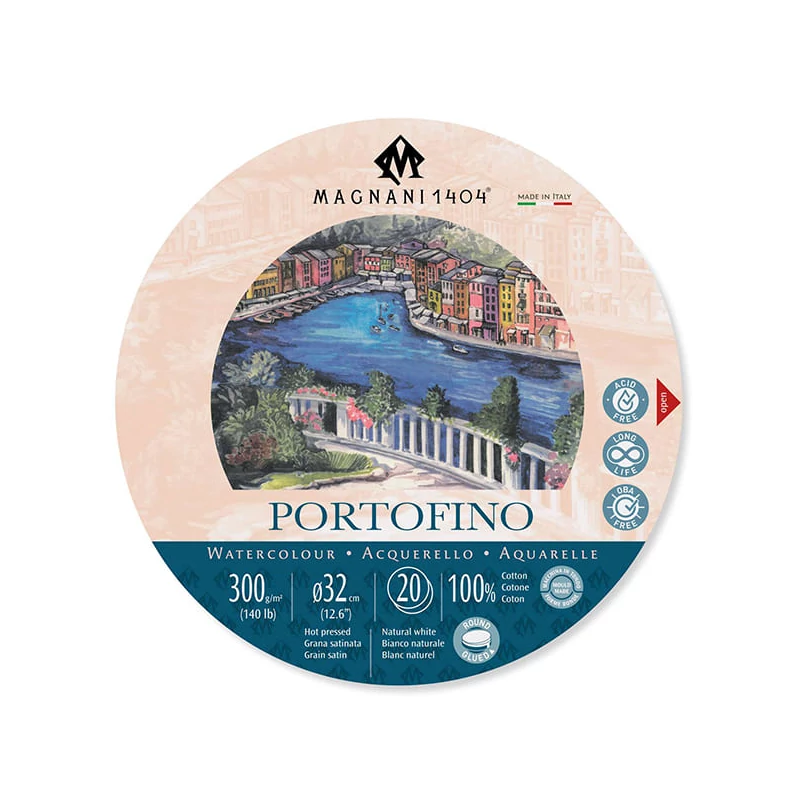 Magnani Portofino akvarelltömb, 100% pamut, 300 g, 32 cm kerek, 20 lap, sima