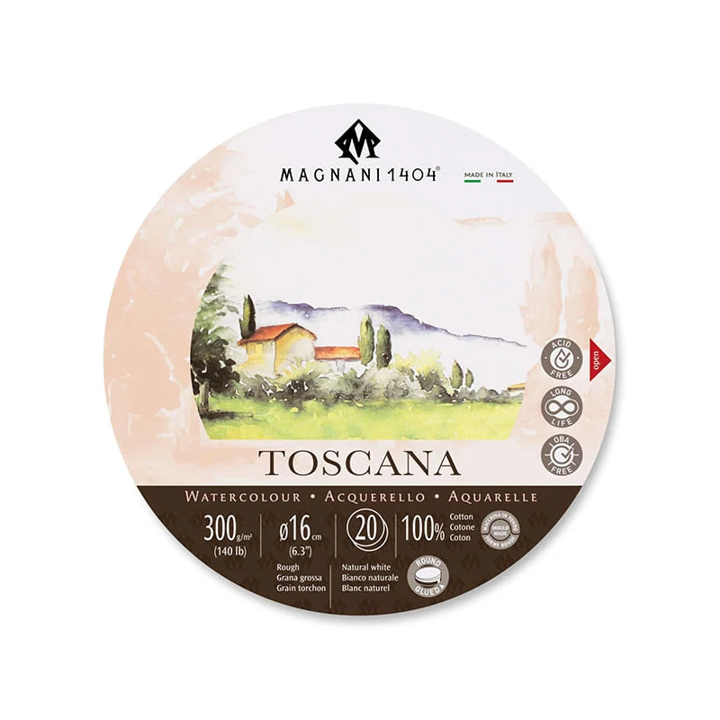 Magnani Toscana akvarelltömb, 100% pamut, 300 g, 16 cm kerek, 20 lap, érdes