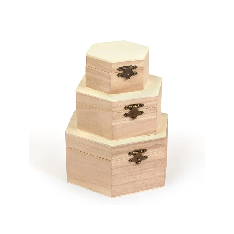 Fa dobozkészlet - 3 db-os, hatszög, 16x16x8/13x13x6/9x9x5 cm