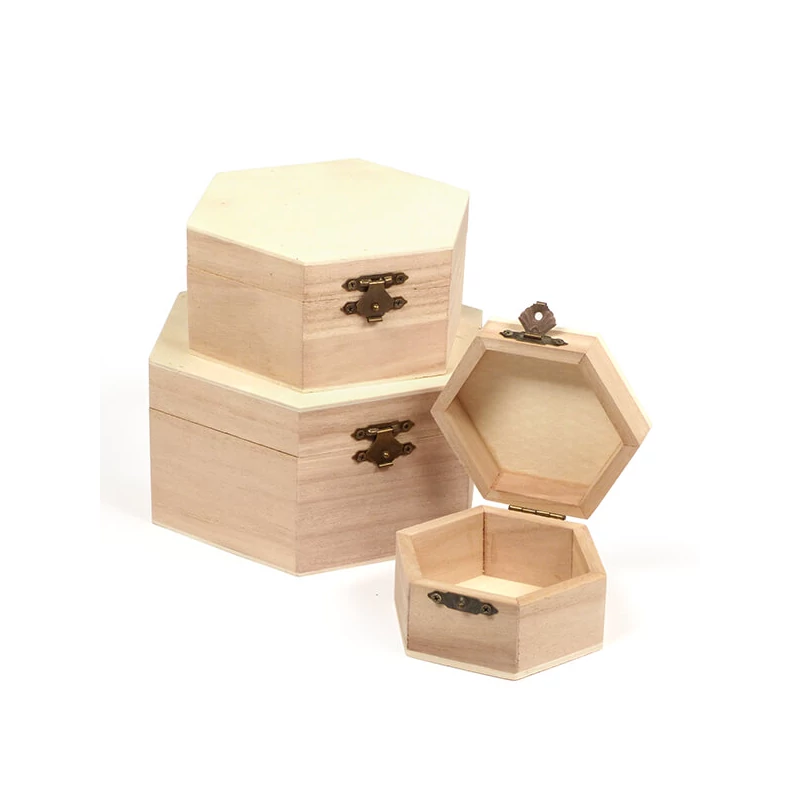 Fa dobozkészlet - 3 db-os, hatszög, 16x16x8/13x13x6/9x9x5 cm