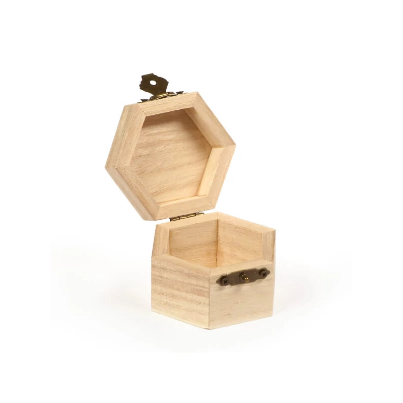 Fa mini doboz - hatszög, díszes, 7x5 cm
