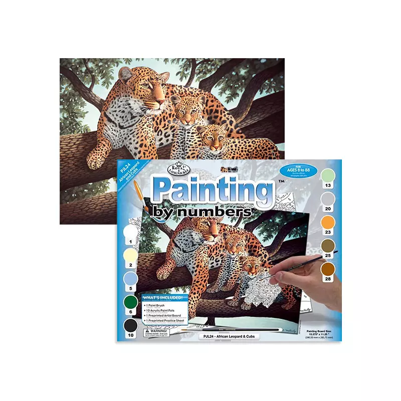 Számozott kifestő készlet, akrilfesték+ecset, 29x39 cm - Afrikai leopárd