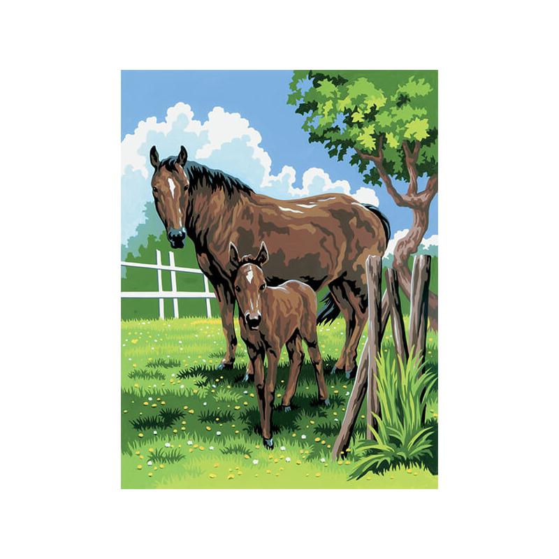 Számozott kifestő készlet, akrilfesték+ecset, 22x30 cm - Lovak, Mare és Foal