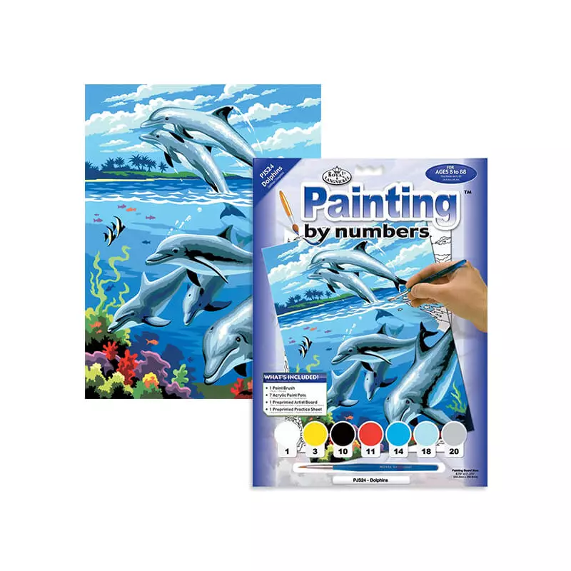 Számozott kifestő készlet, akrilfesték+ecset, 22x30 cm - Delfinek