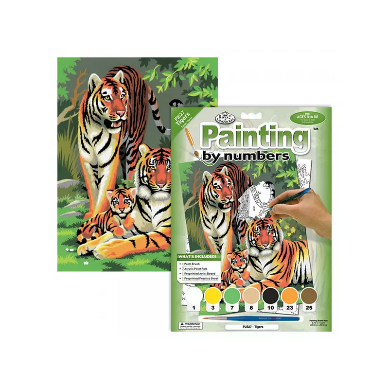 Számozott kifestő készlet, akrilfesték+ecset, 22x30 cm - Tigrisek