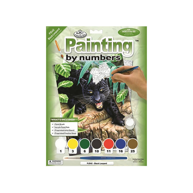 Számozott kifestő készlet, akrilfesték+ecset, 22x30 cm - Fekete leopárd