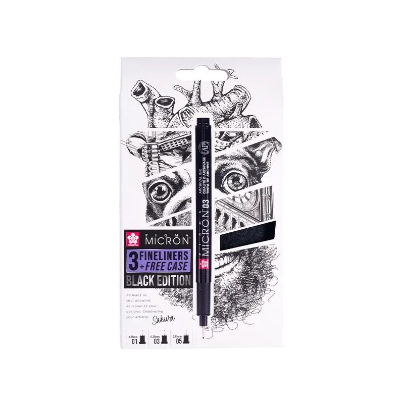 Sakura Pigma Micron műszaki rajztoll készlet - 3 db + tolltartó, Black Edition