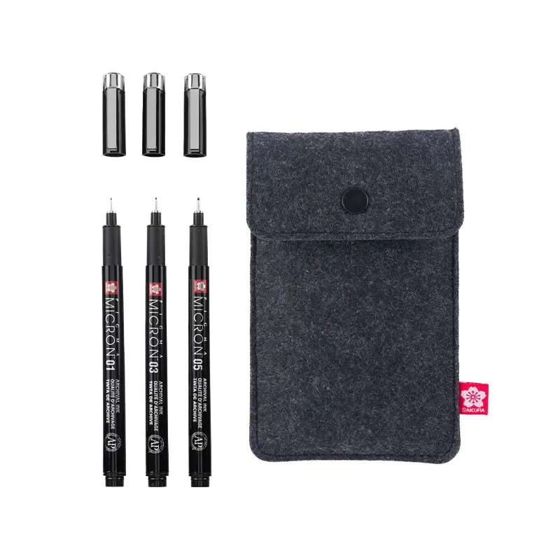 Sakura Pigma Micron műszaki rajztoll készlet - 3 db + tolltartó, Black Edition