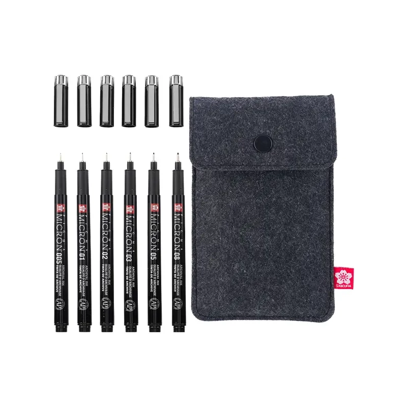 Sakura Pigma Micron műszaki rajztoll készlet - 6 db + tolltartó, Black Edition	