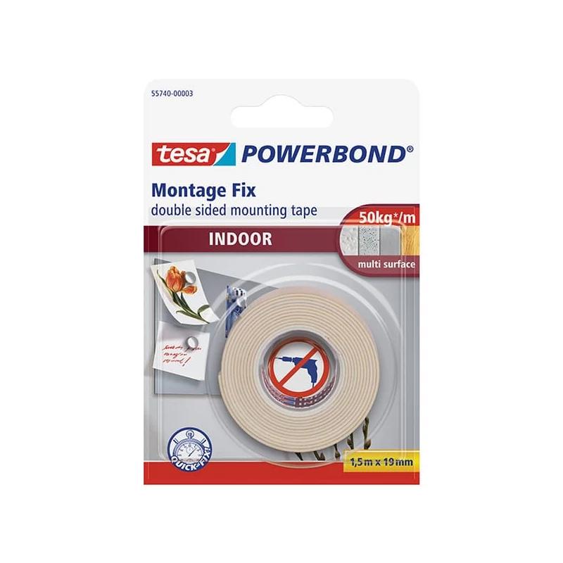 Tesa 55740 Powerbond kétoldalas montázsszalag, beltéri, fehér, 19 mm x 1,5 m