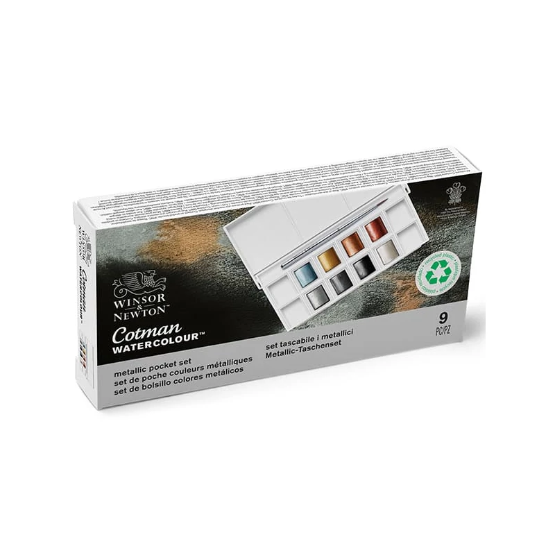 Winsor&Newton Cotman Pocket Set akvarellfesték készlet, 8x1/2 szilke + ecset - Metallic