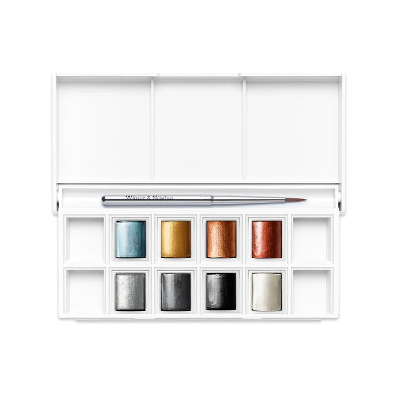 Winsor&Newton Cotman Pocket Set akvarellfesték készlet, 8x1/2 szilke + ecset - Metallic