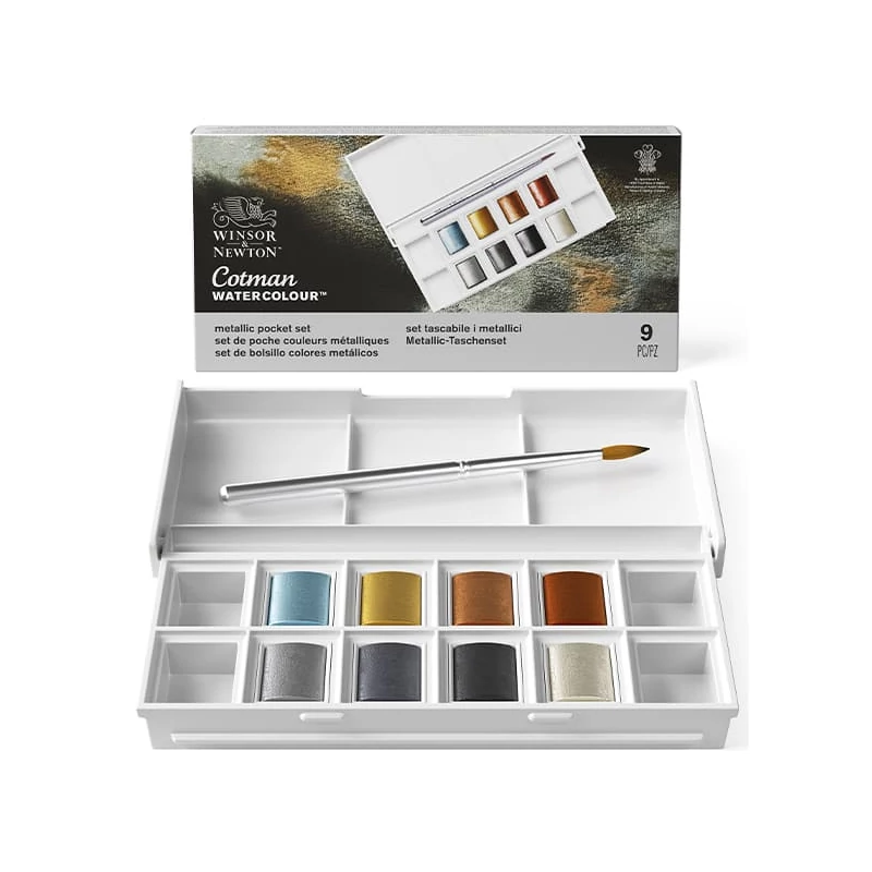 Winsor&Newton Cotman Pocket Set akvarellfesték készlet, 8x1/2 szilke + ecset - Metallic