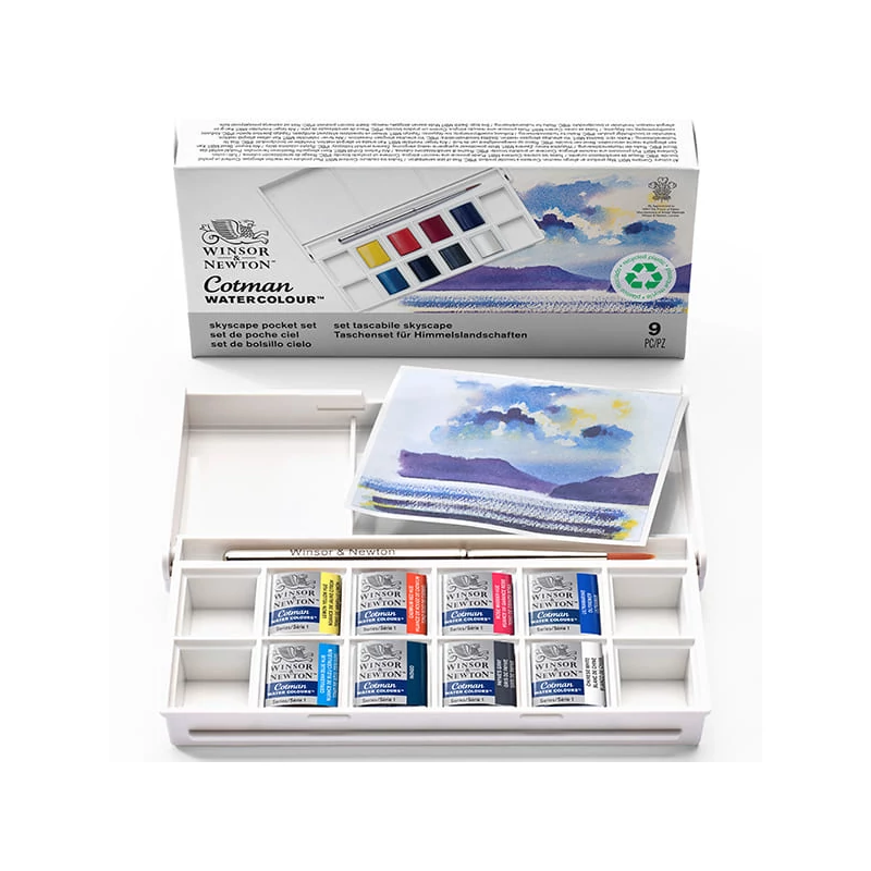 Winsor&Newton Cotman Pocket Set akvarellfesték készlet, 8x1/2 szilke + ecset - Skyscape